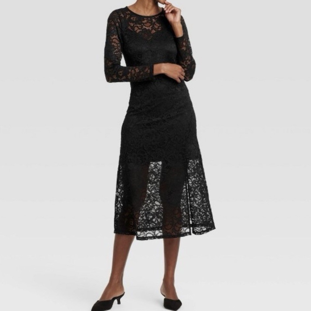 A New Day Black Sheath Dress. Crew Neck. Lace.